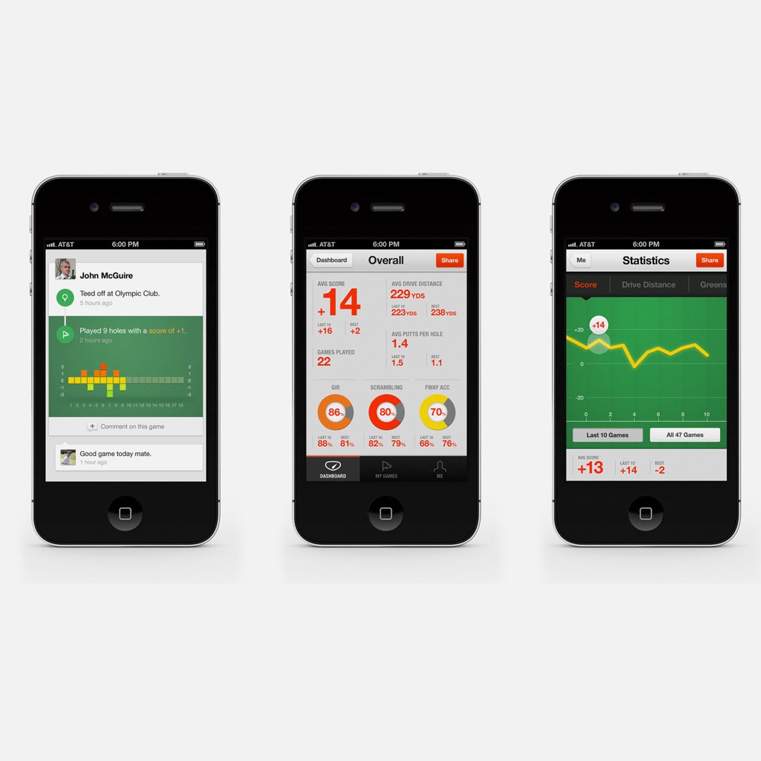 Game Golf app stats on four smartphones