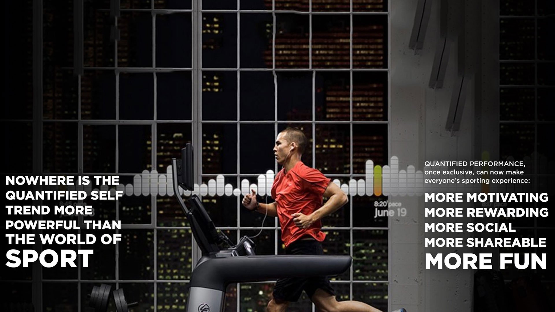 Man in red shirt running on treadmill next to black and white text overlay