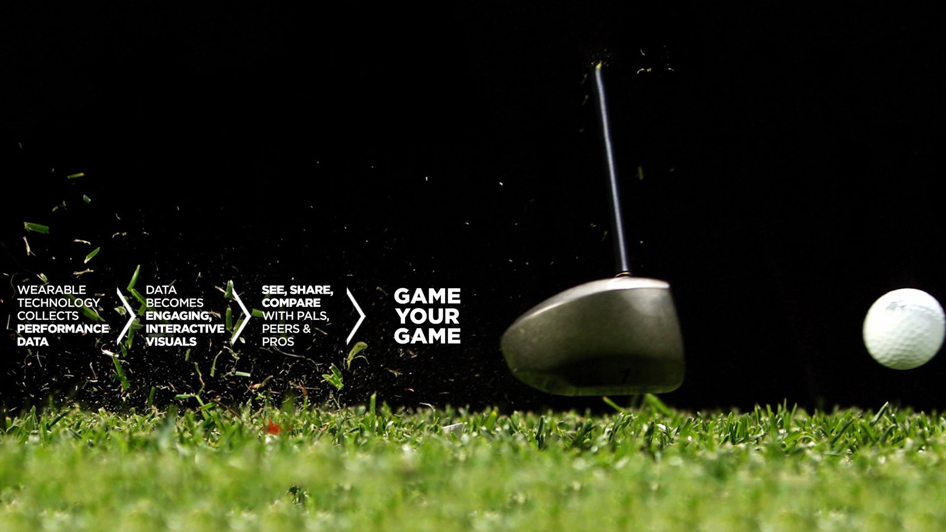 Golf ball on green surface with club and nighttime golf course background