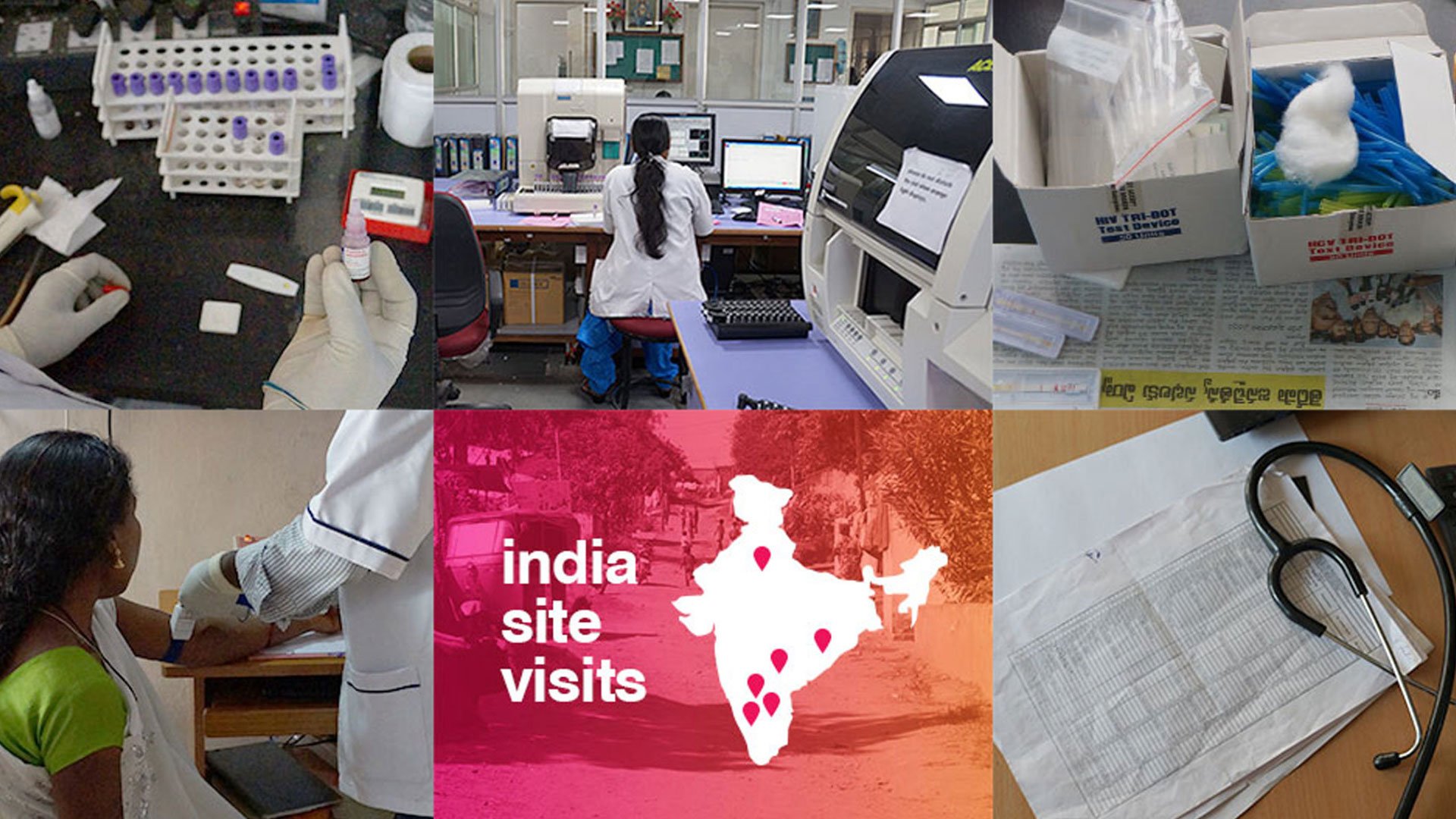 GE Healthcare diagnostics collage showing medical professionals, supplies, equipment and healthcare imagery