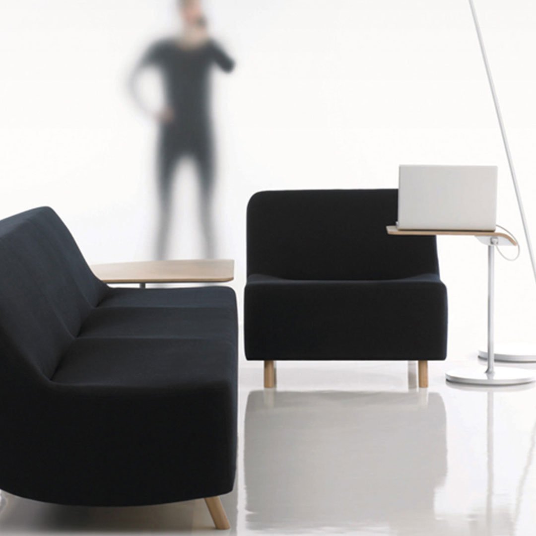 HBF modern living room interior with sleek black sofa and wooden coffee table