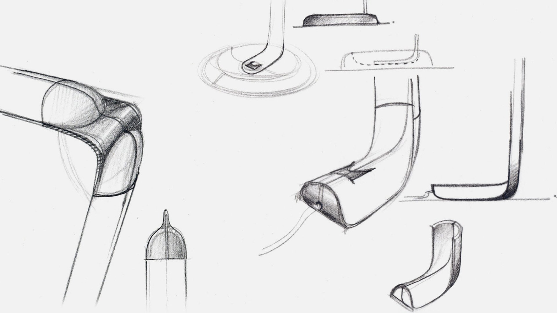 Herman Miller Leaf Lamp hand-drawn design sketches of furniture, bicycle, chair and bottle on paper