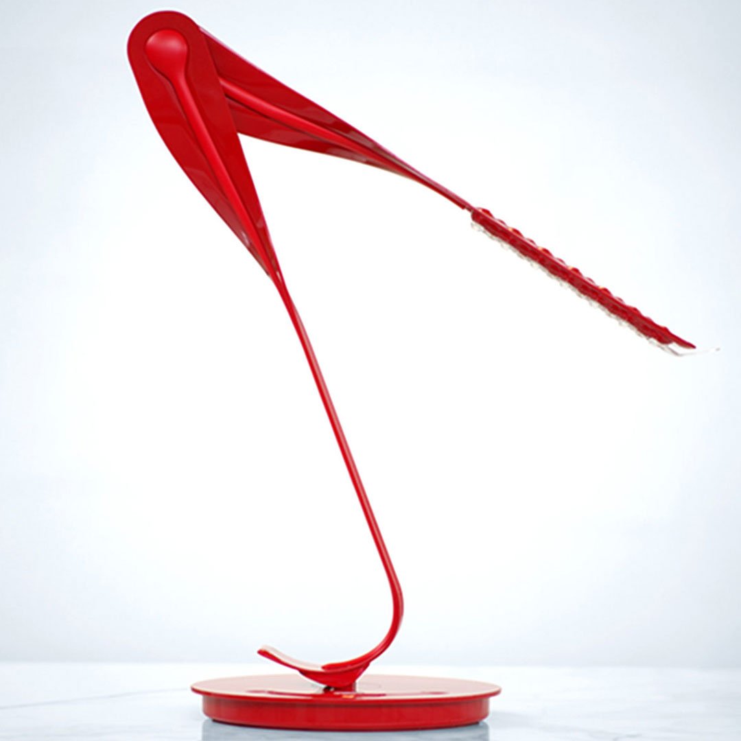 Two red desk lamps with curved, bird-like heads on a plain background