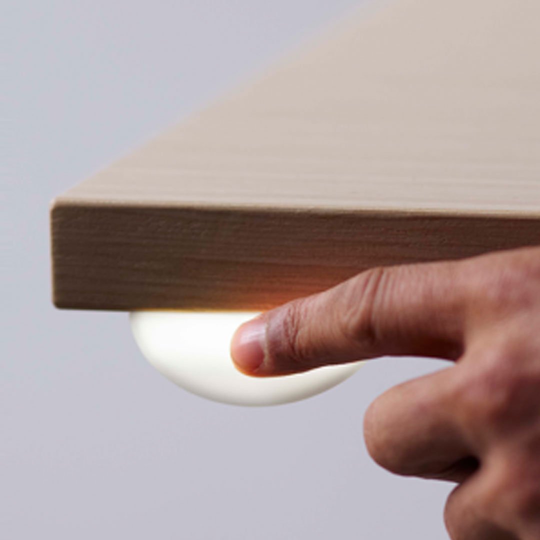 Adult male with short hair holds a small, round light bulb