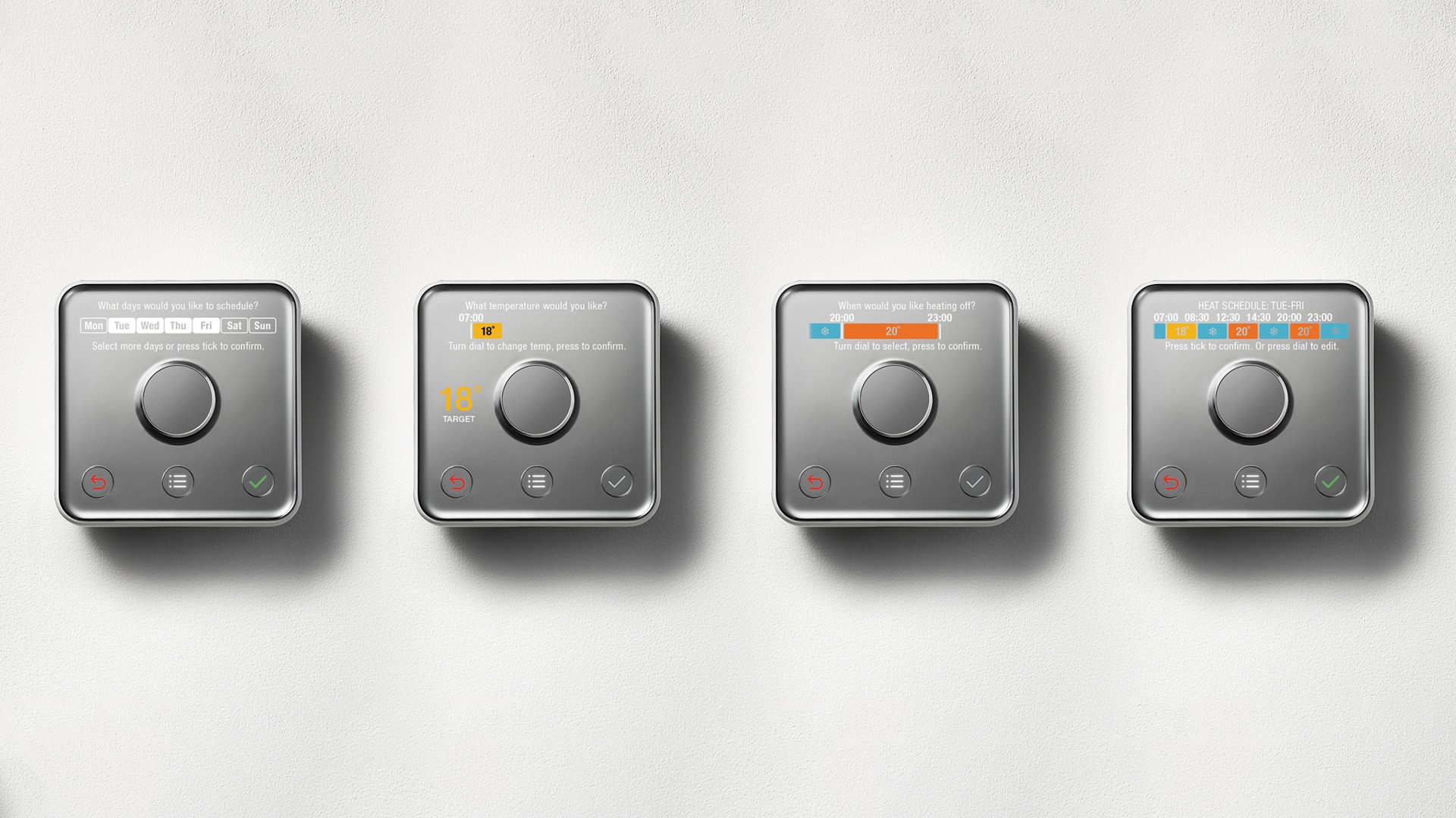 Five electronic devices in different colors and designs on a white background