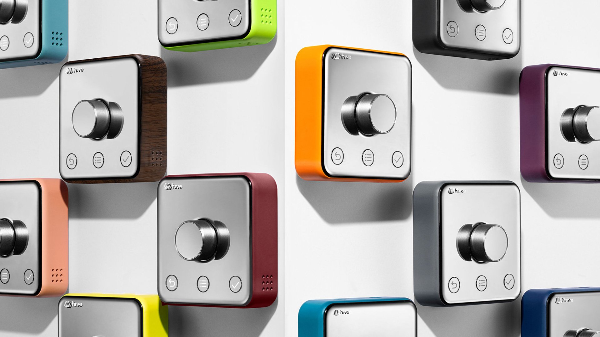 Smart home devices in various shades of blue and orange on a white background