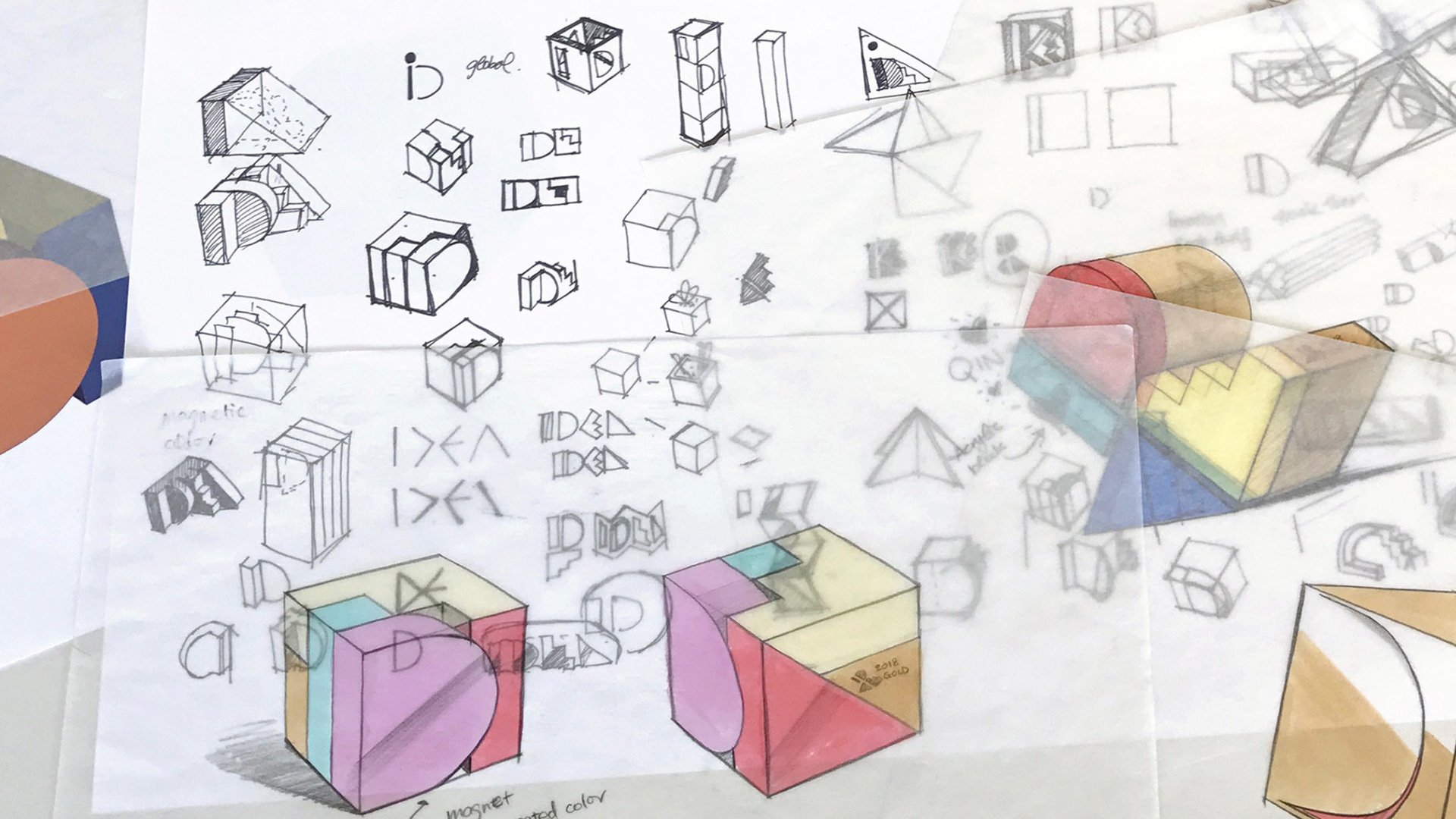 Black and white sketches with geometric shapes on a beige background