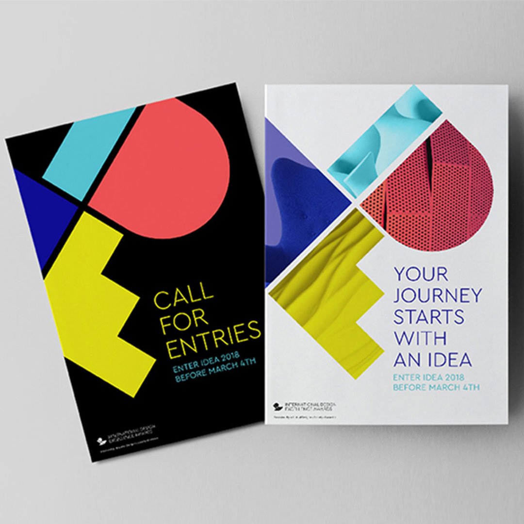 IDSA IDEA award posters with vibrant geometric patterns in blue, yellow, pink and black