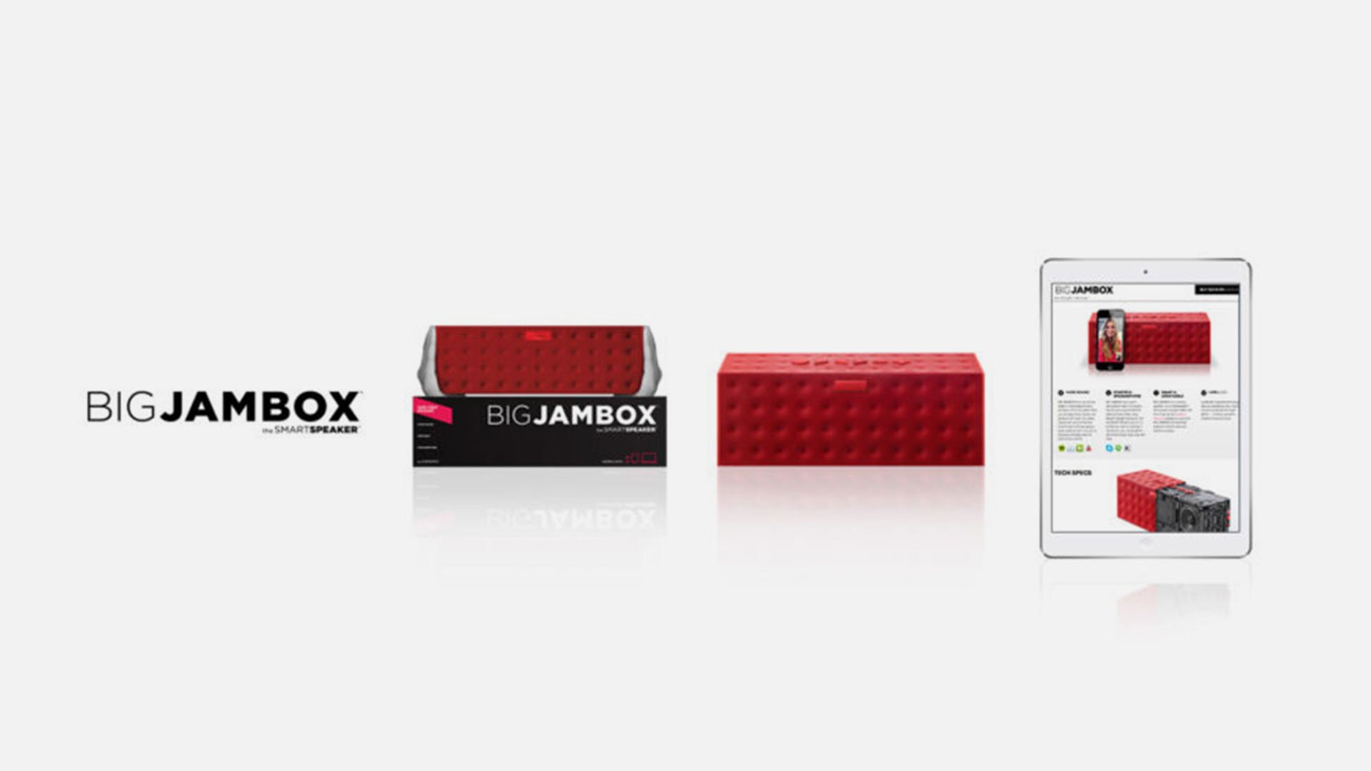 Jawbone Big Jambox lineup: red textured Bluetooth speaker shown alongside its retail box and iPad product page