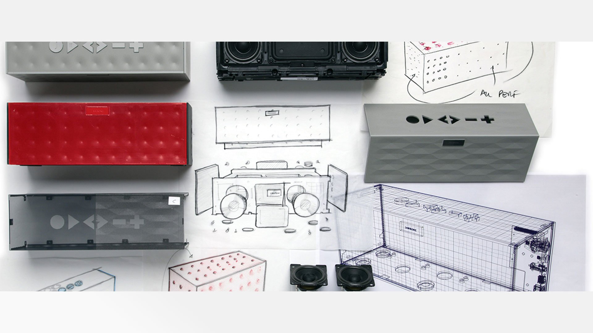 Big Jambox design process flat lay: red production unit, internal driver assembly, hand sketches and engineering wireframe of