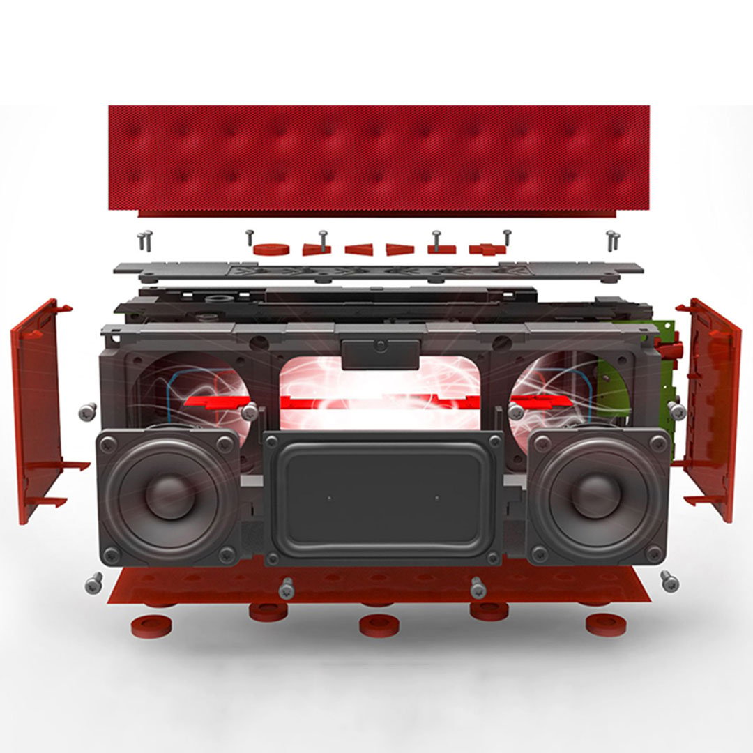 Exploded view rendering of red Big Jambox revealing internal speaker drivers, circuit boards, screws and outer dimpled grille
