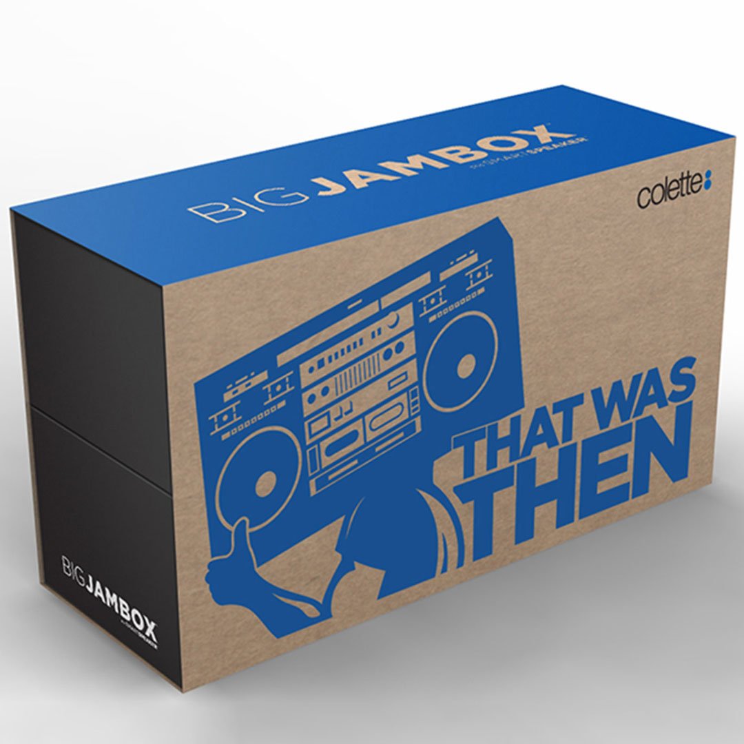 Limited-edition Colette Big Jambox shipping box with blue boombox "That Was Then" graphic on kraft cardboard