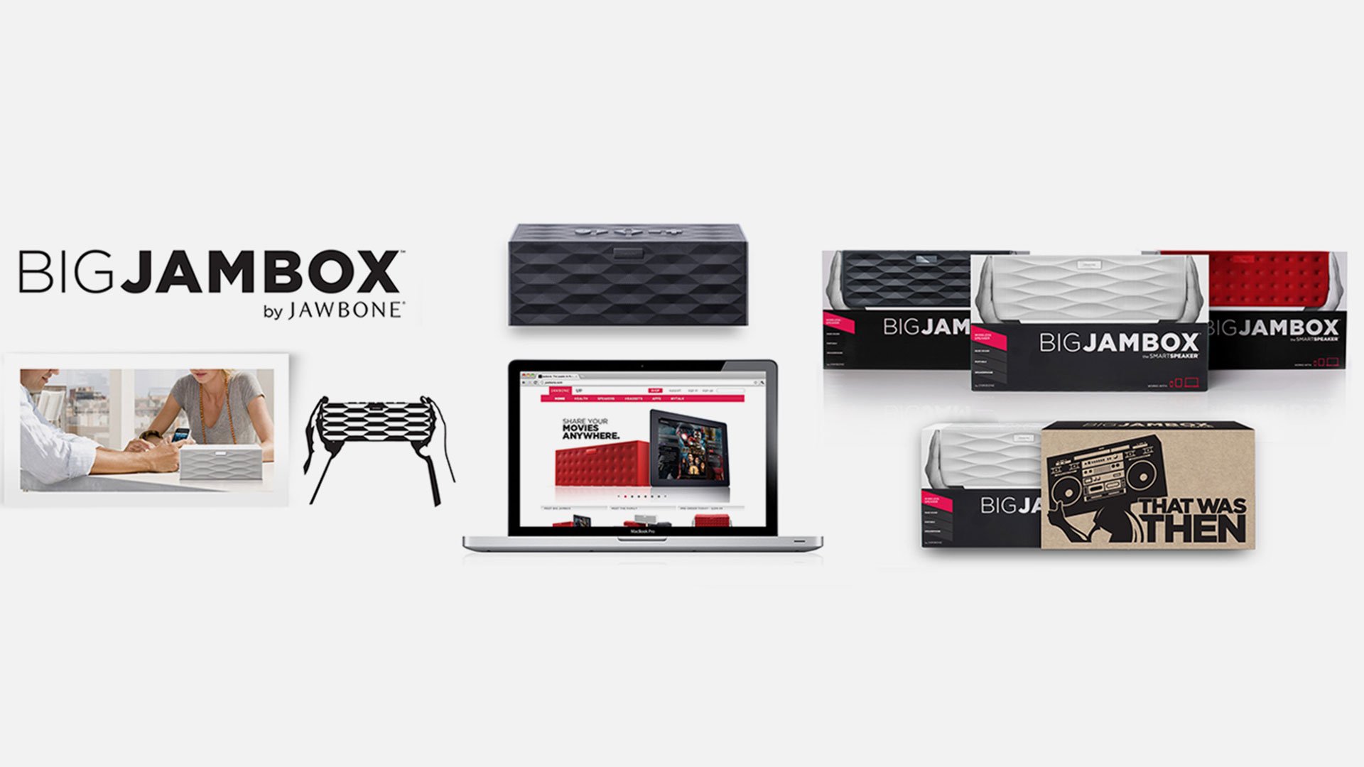 Big Jambox by Jawbone collage with logo, product render, retail boxes in three colors, lifestyle photo, dieline and laptop we