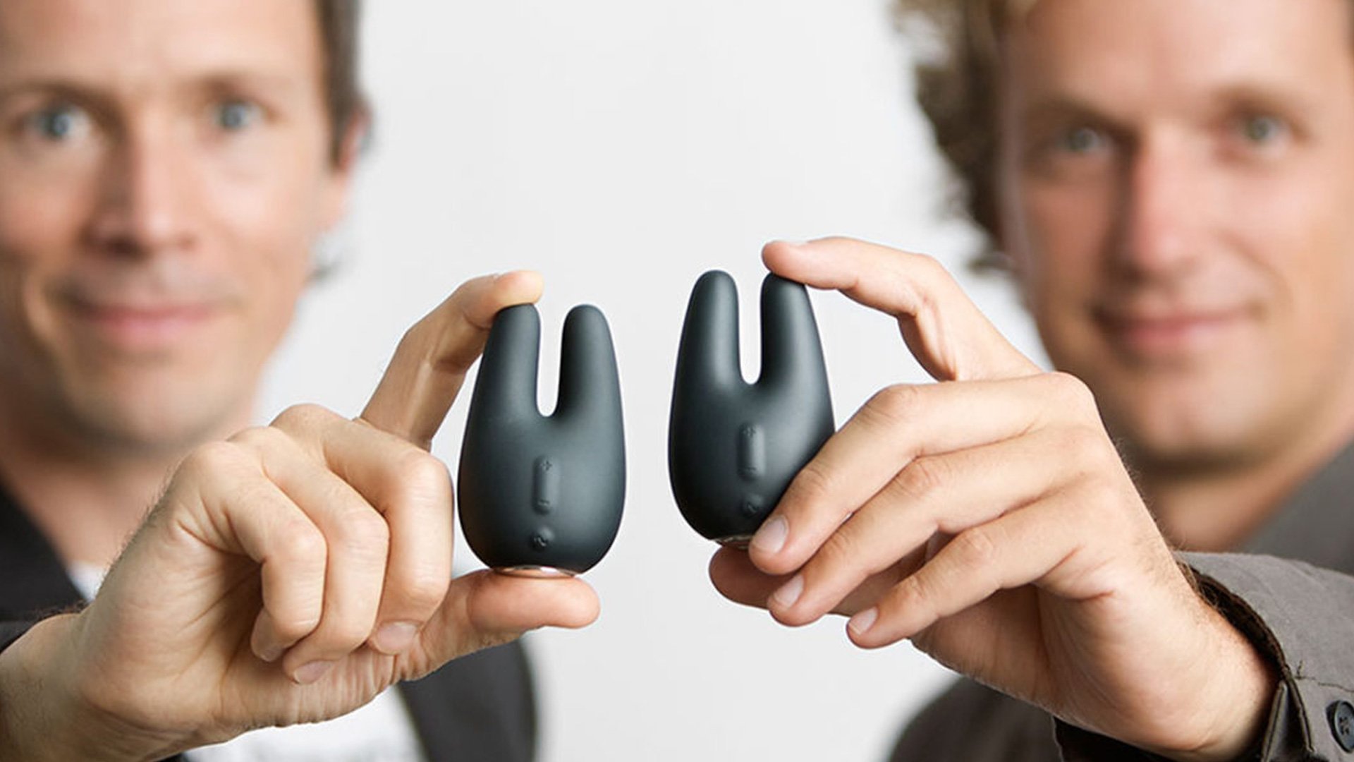 Jimmy Jane product held by a man and a woman shown in side-by-side close-up photographs