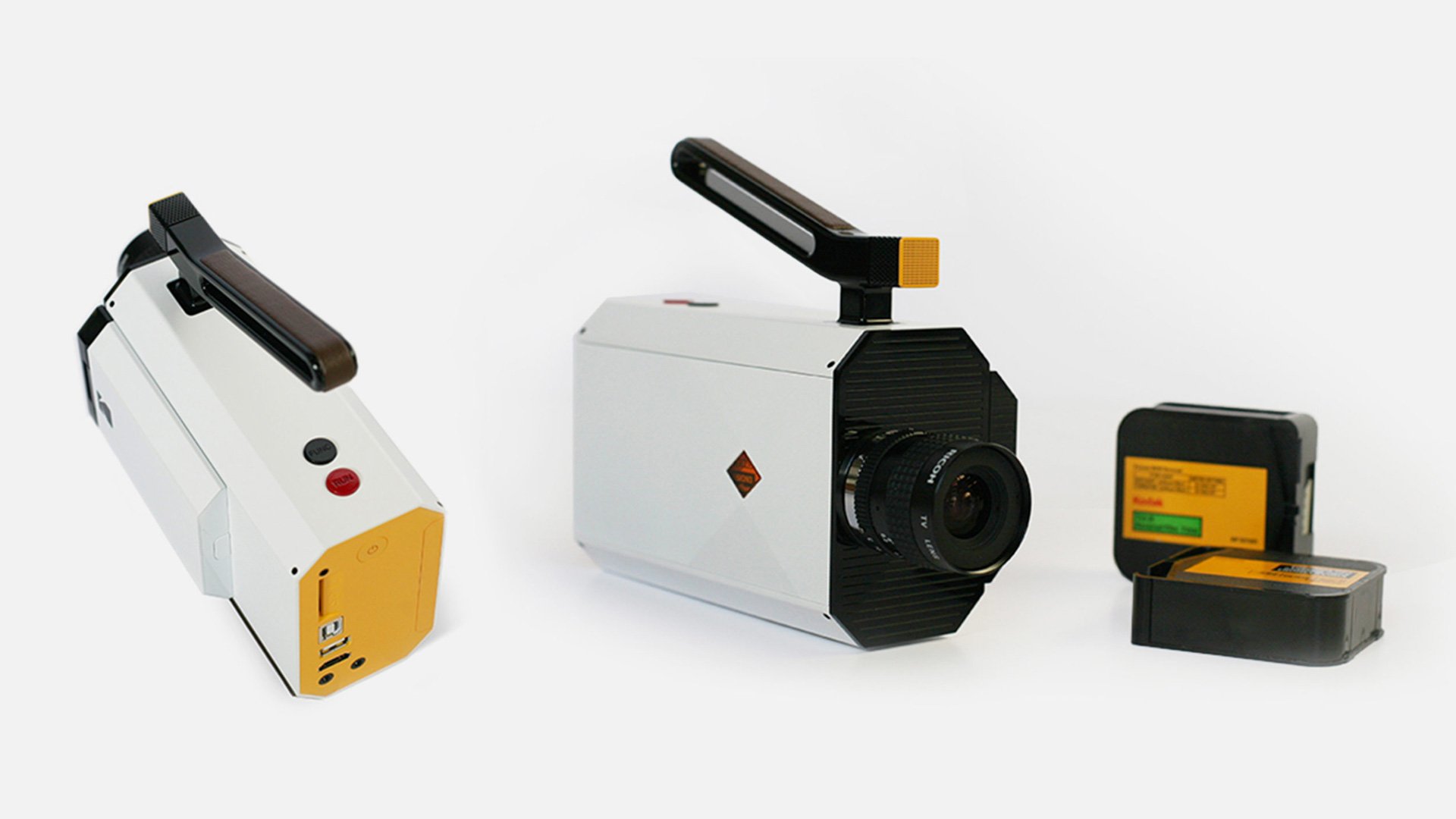 Three projectors on a white background with different designs