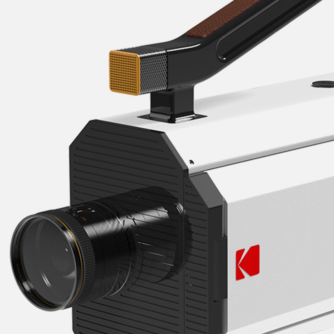 White and black video camera with red logo and two lenses