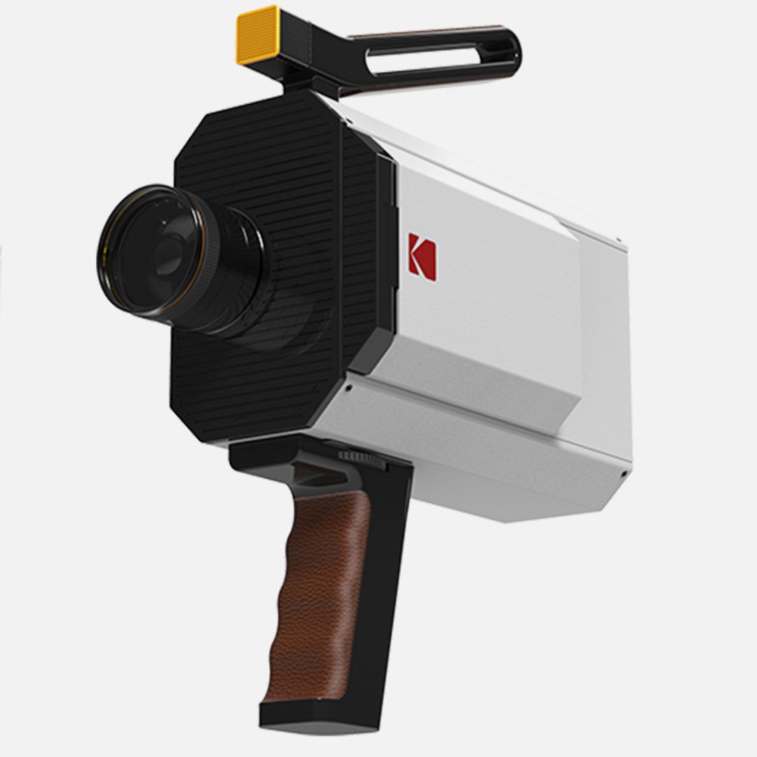White video camera with large lens and built-in monitor