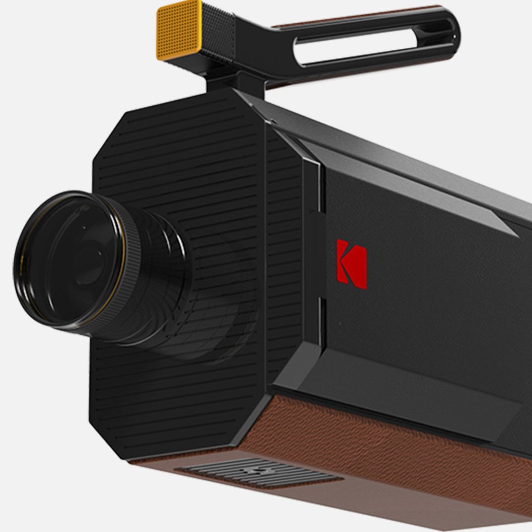 Black and red camera with two lenses and brand logo
