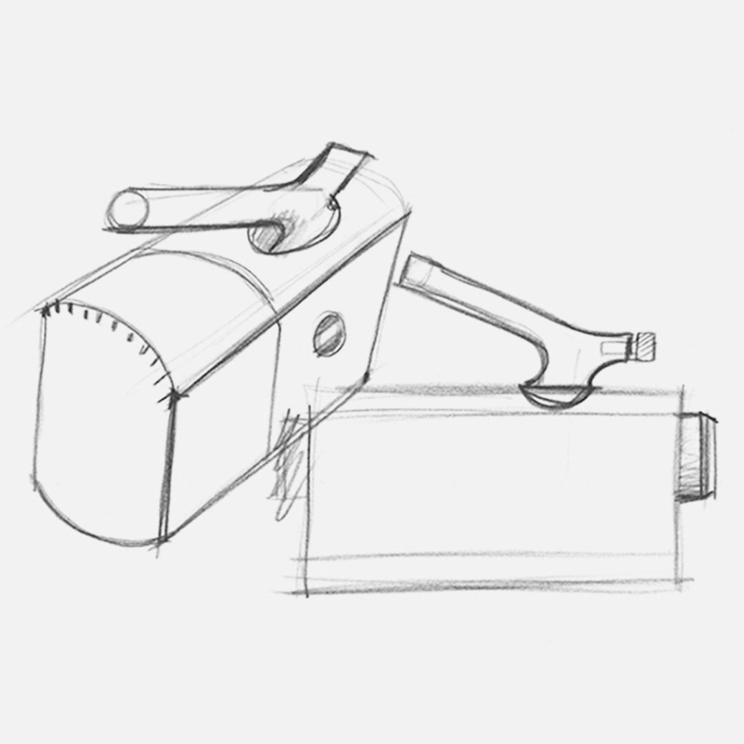 Black and white line drawing of a mechanical device with handle