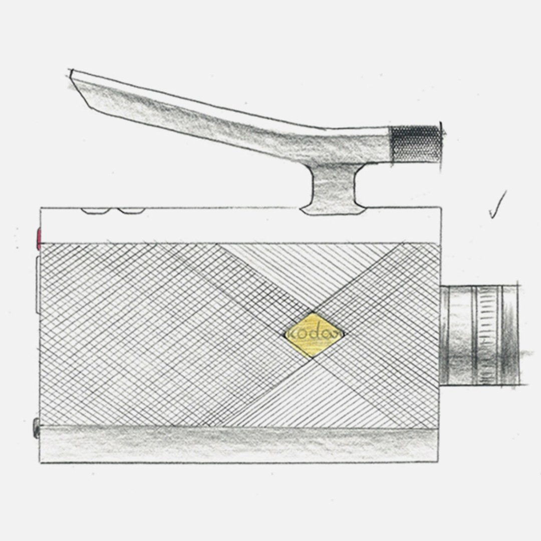 Black and white illustration of an old-fashioned camera with bellows design