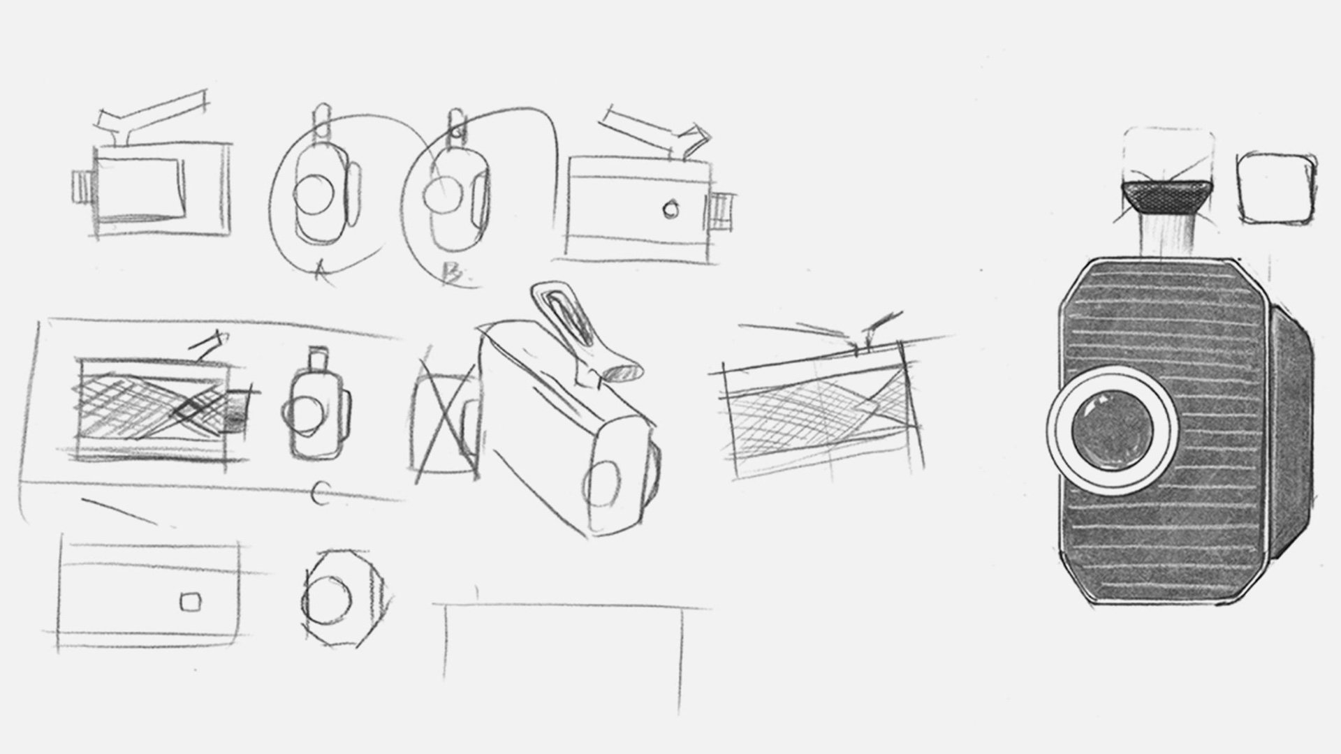 Kodak Super 8 design sketches showing camera concepts and form studies in pencil