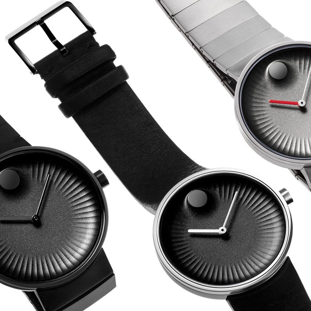Movado Edge collection of four wristwatches with unique designs and varied straps on white background