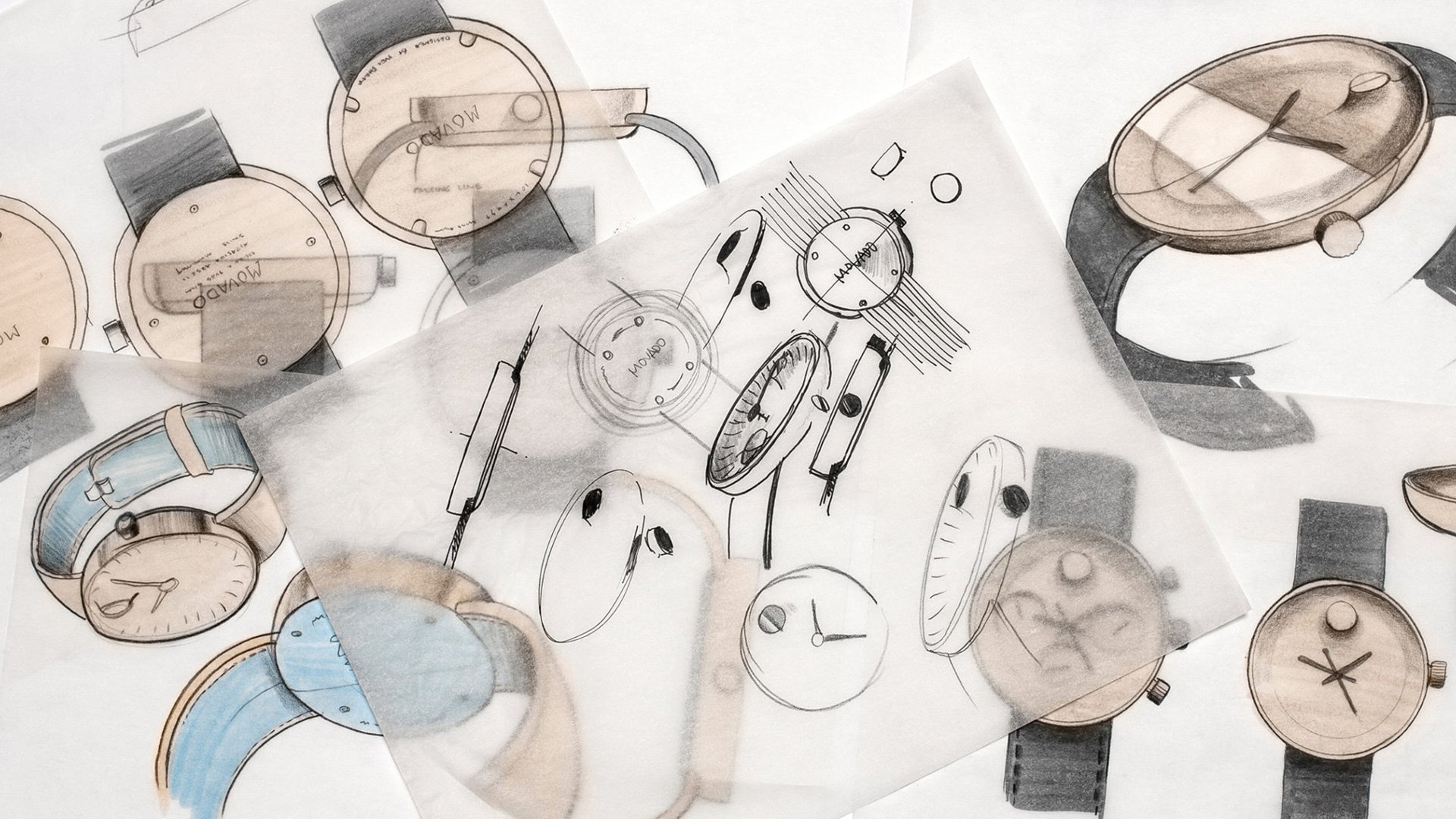 Movado Edge black and white collage of various watch design concepts in scattered overlapping arrangement