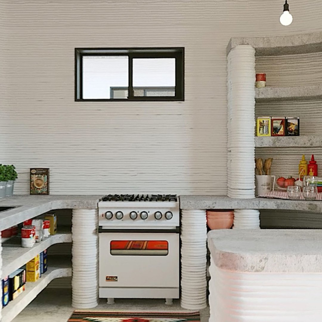 Retro-style kitchen with white tiles, curved countertop and red oven