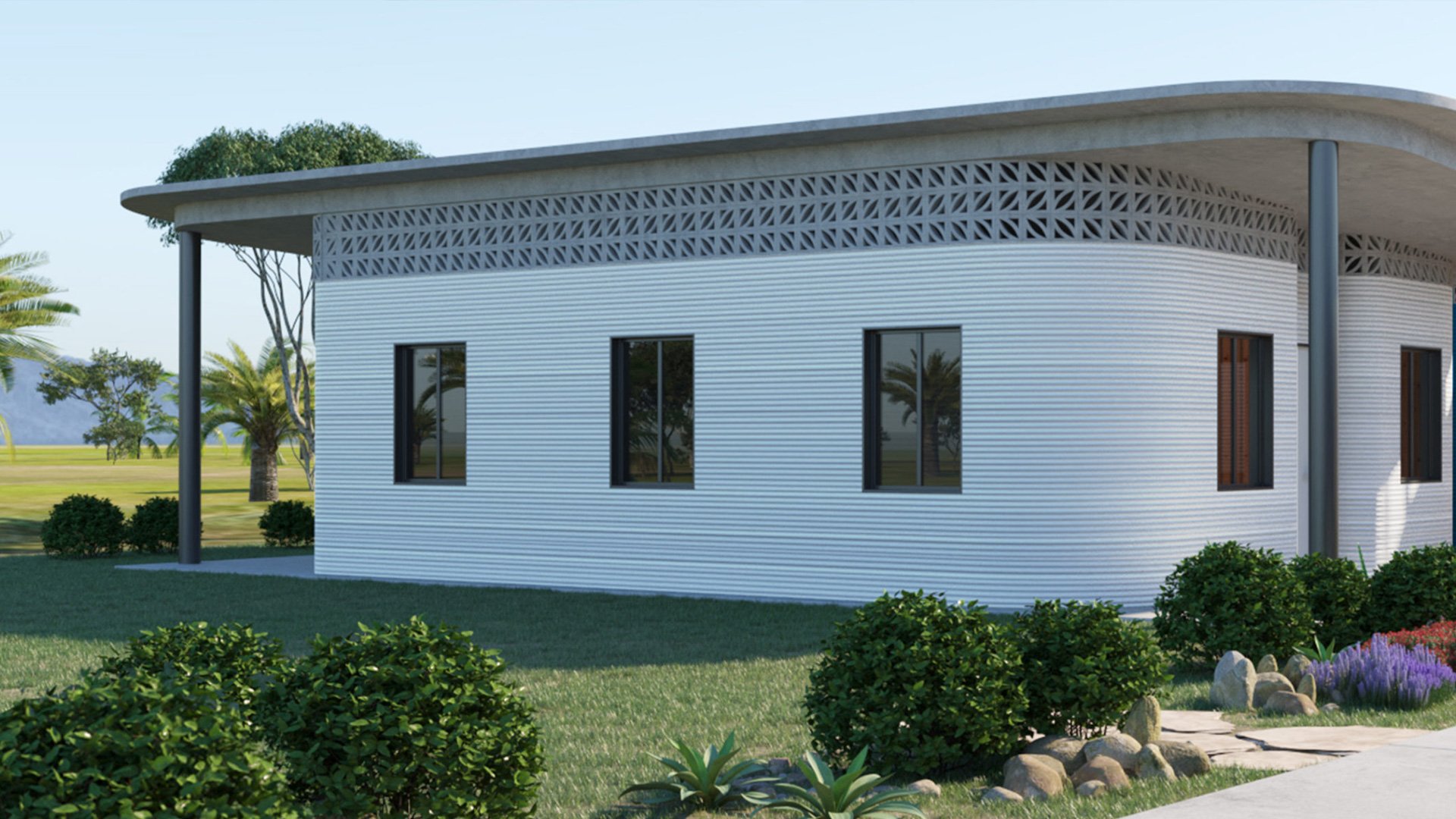 Modern house with curved roof and white-gray exterior walls