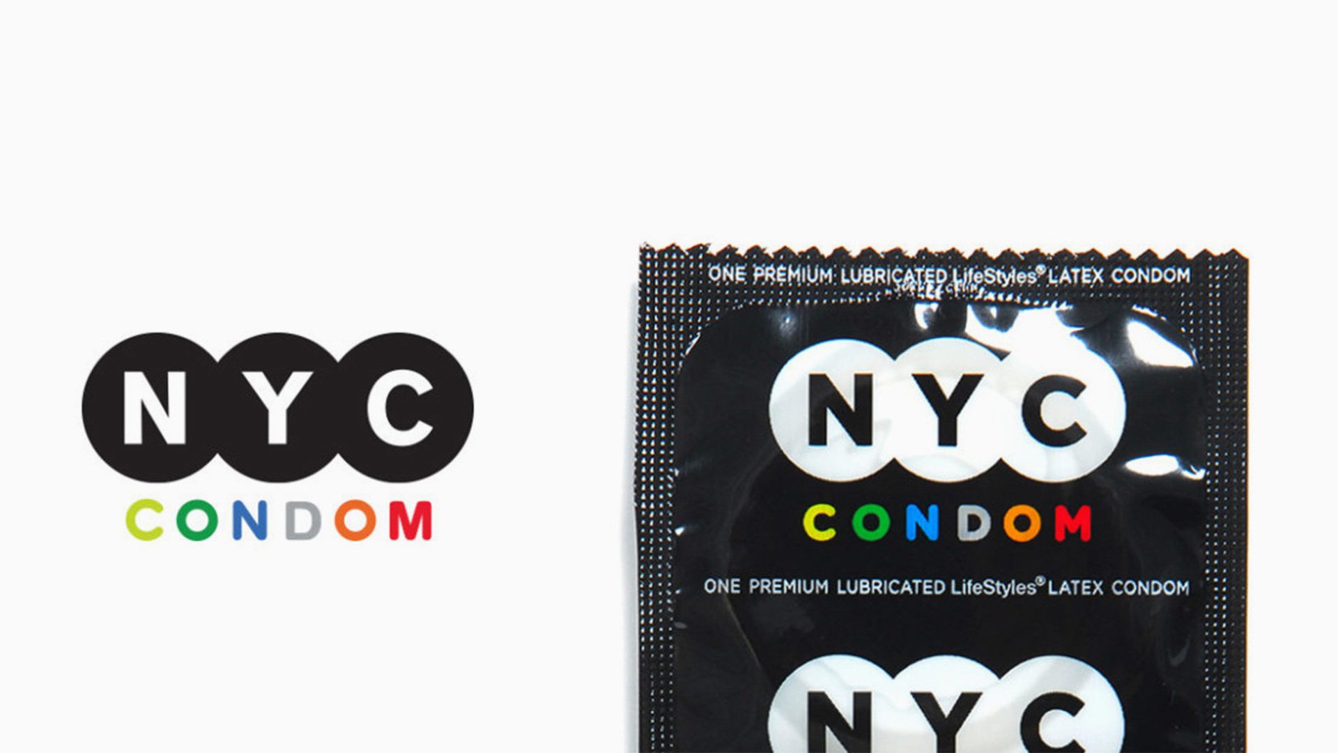 NYC Condom packaging design: black condom packets with white NYC branding and colorful subway-inspired logo