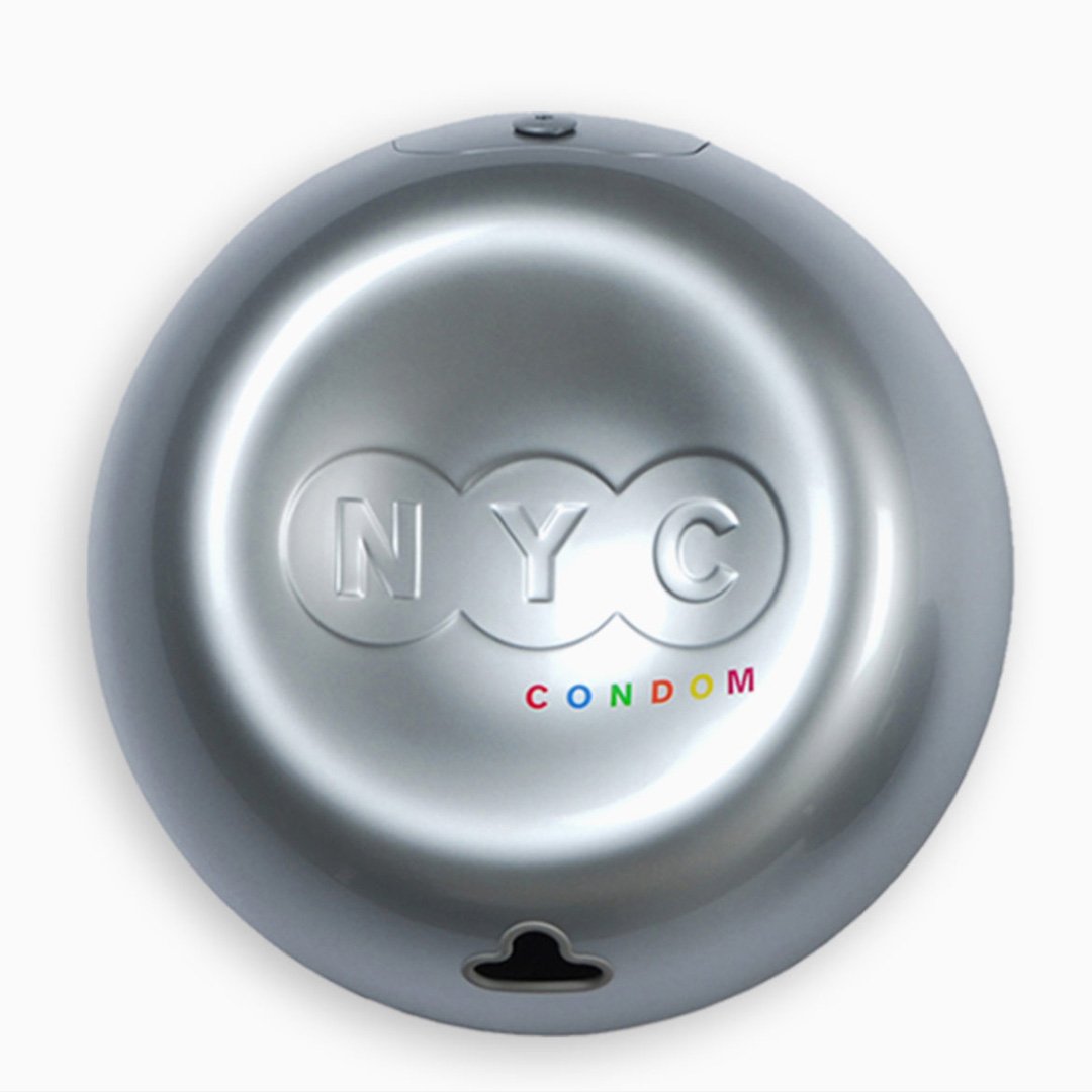 NYC Condom silver tin container with NYC lid and rainbow Pride-themed condom label design