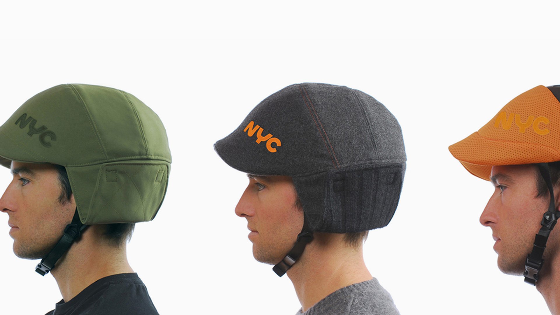 Three helmets with different colors and designs on a white background