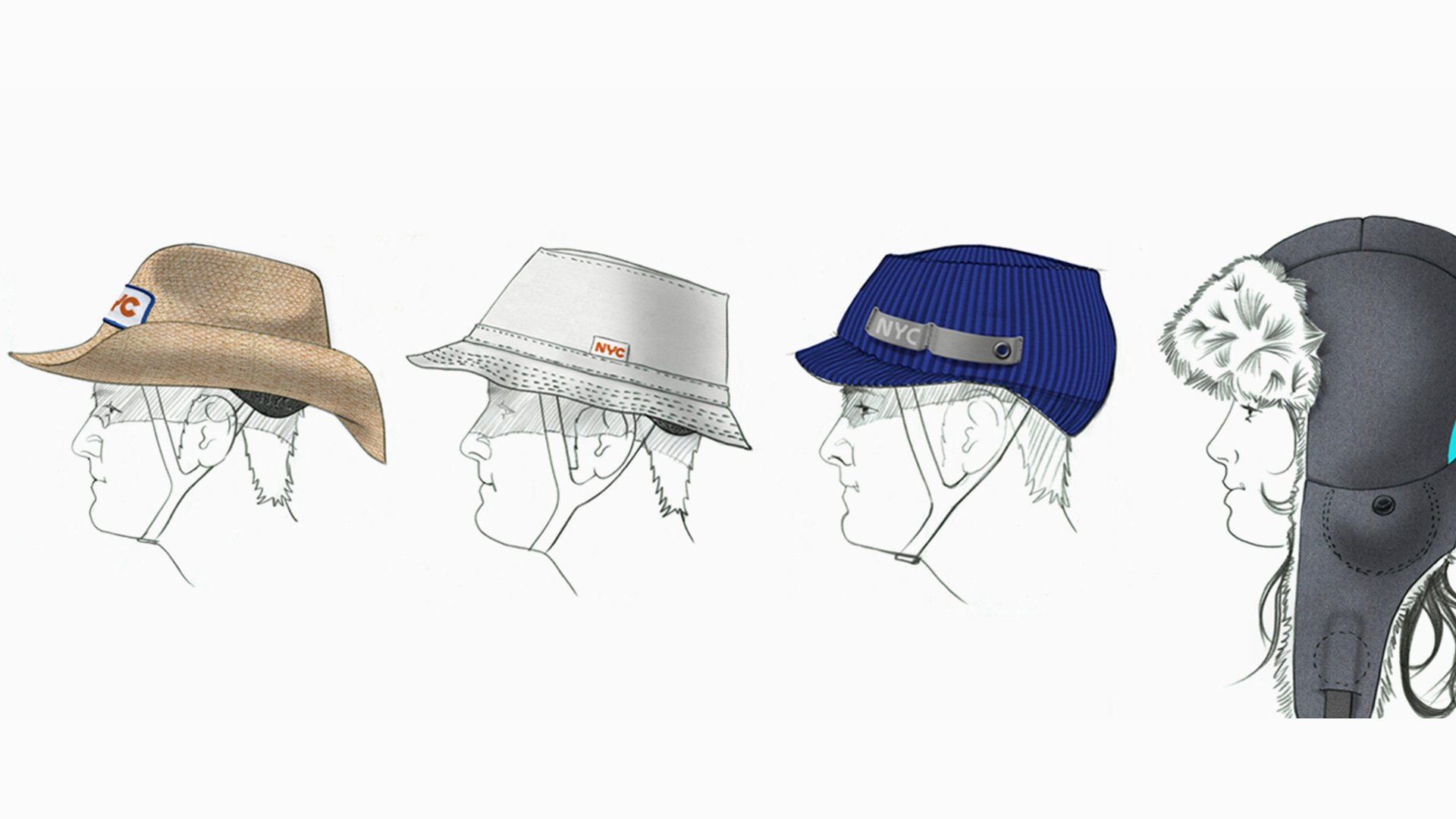 NYC Helmet collection: five hats with various designs and colors arranged in a row on gray background