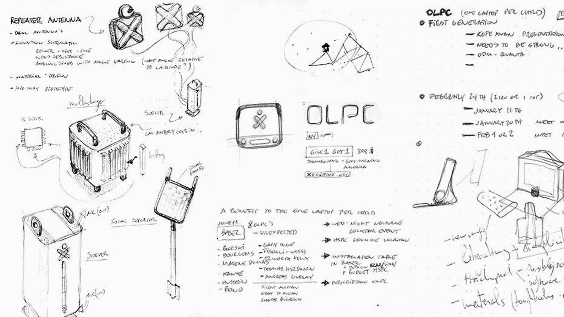 OLPC XO Laptop design page with hand-drawn sketches and notes describing the COP system concept