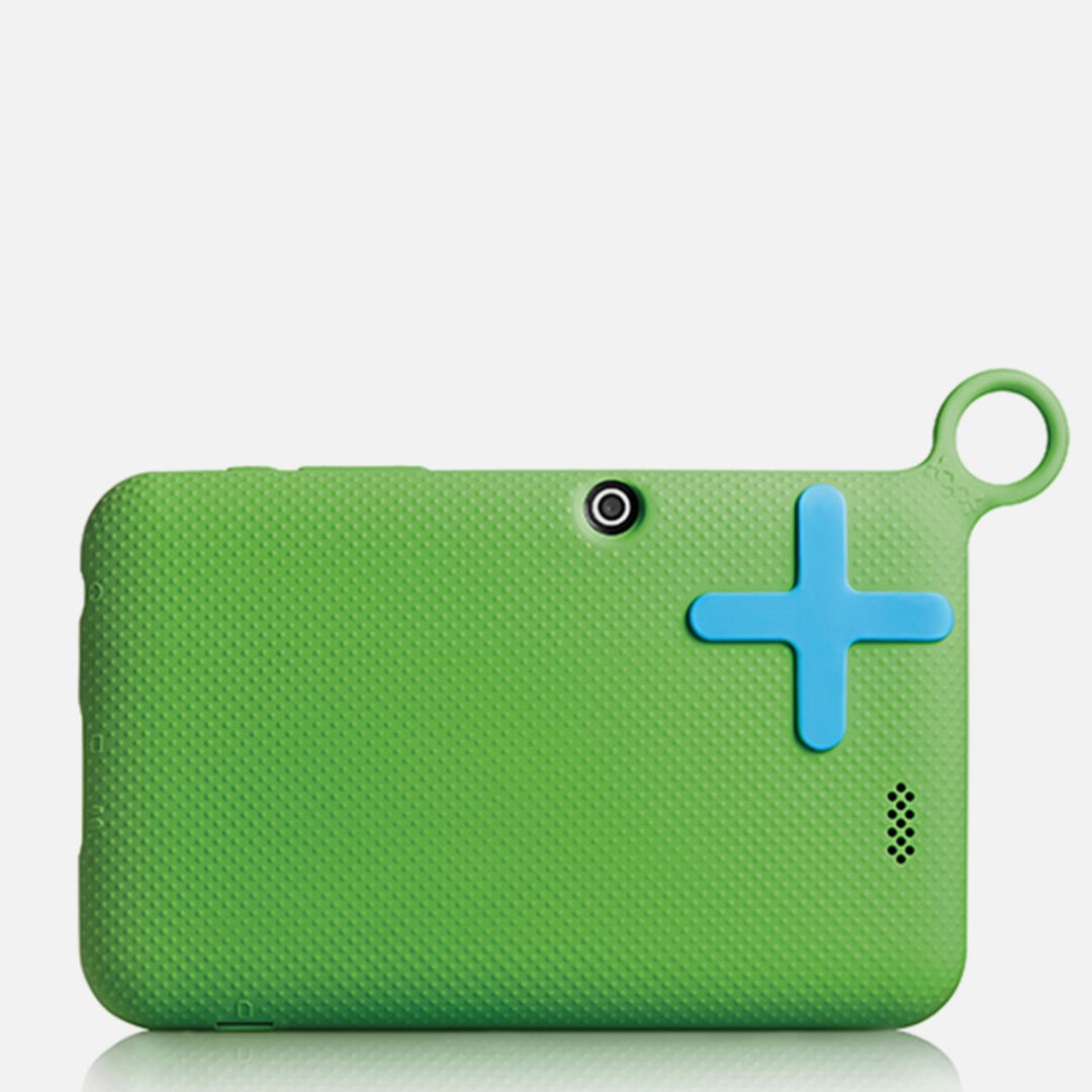 Green phone case with blue plus sign on a plain white background