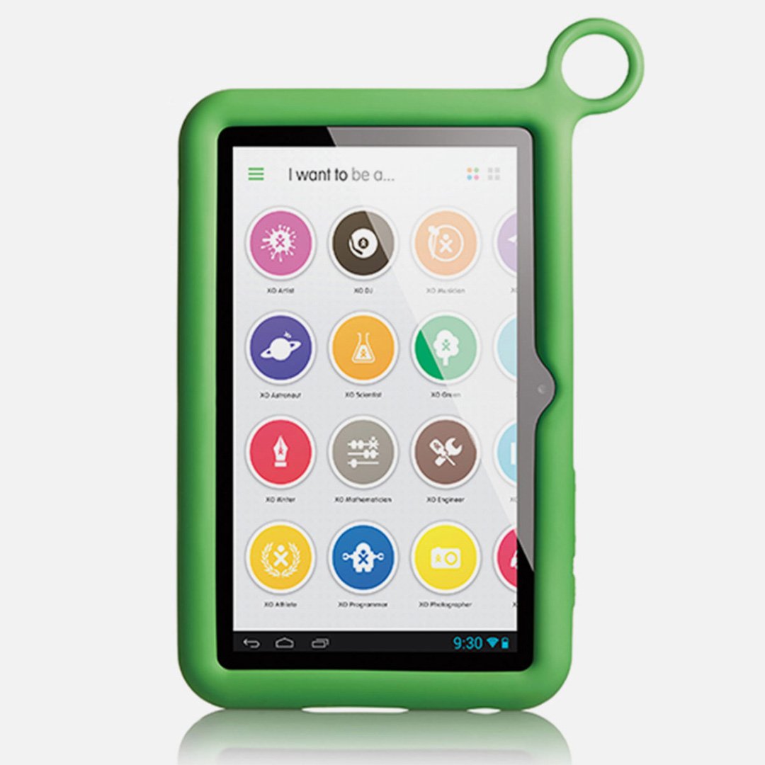 Green tablet case with a white background and a tablet inside