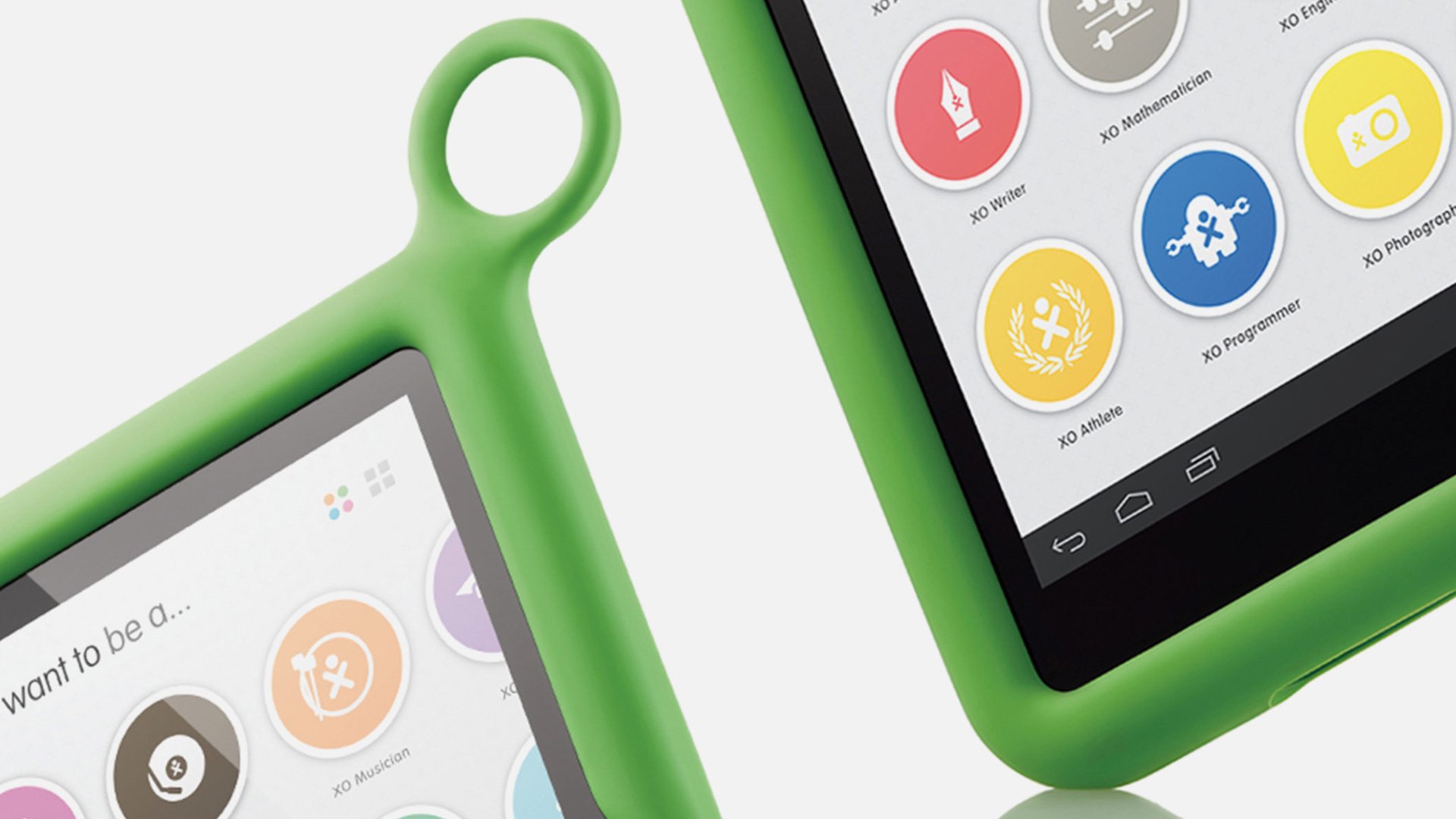 Two smartphones with green cases on a white background