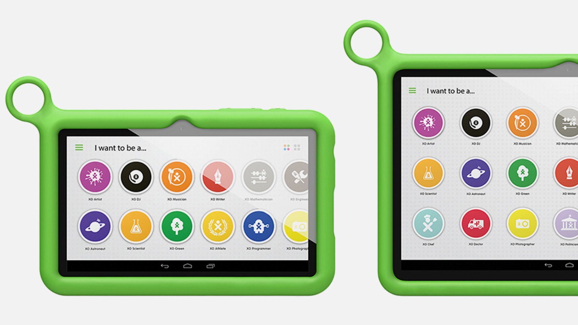 Two green-cased tablets with colorful interfaces and calendar screens