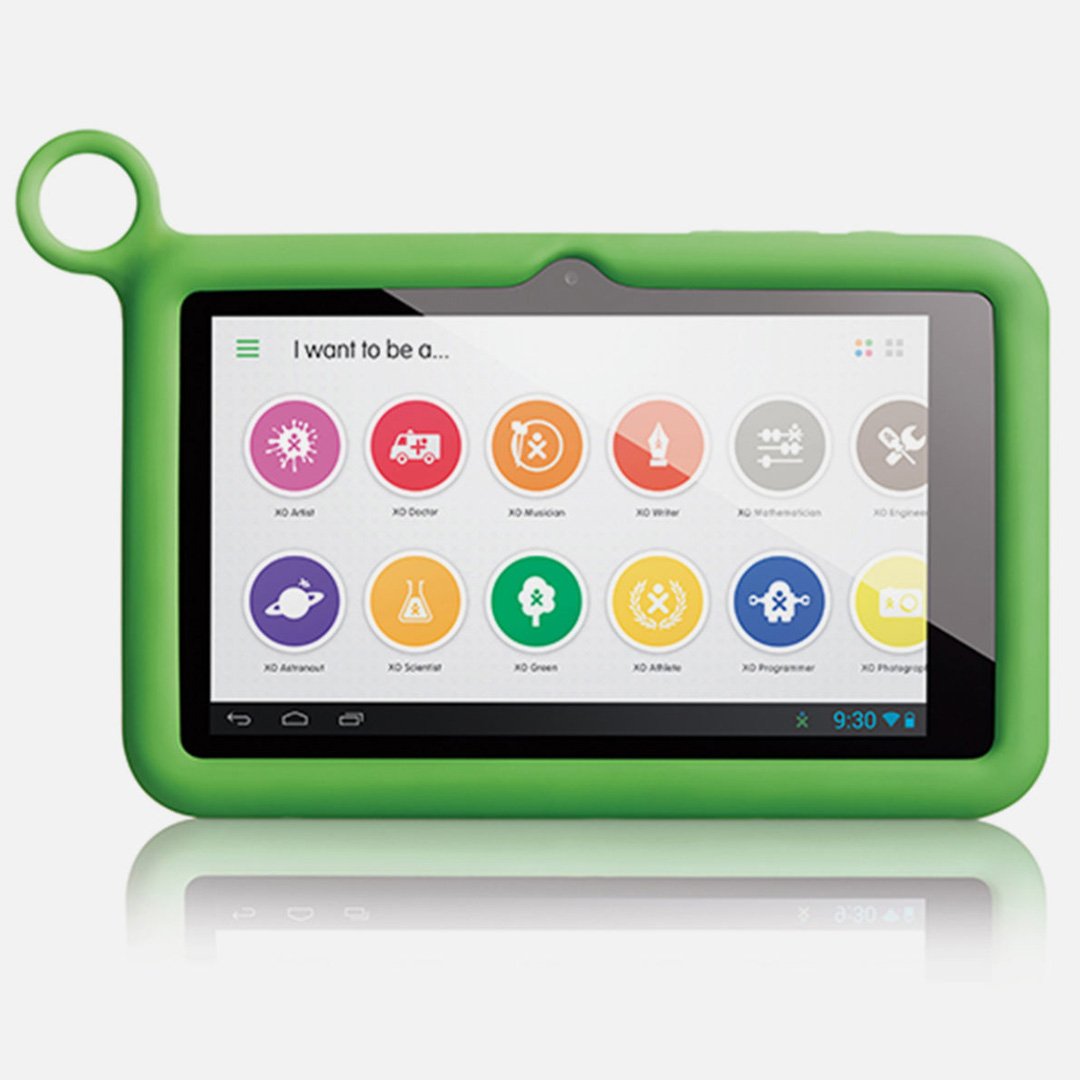 OLPC XO Tablet with green protective case displaying colorful app interface on white background