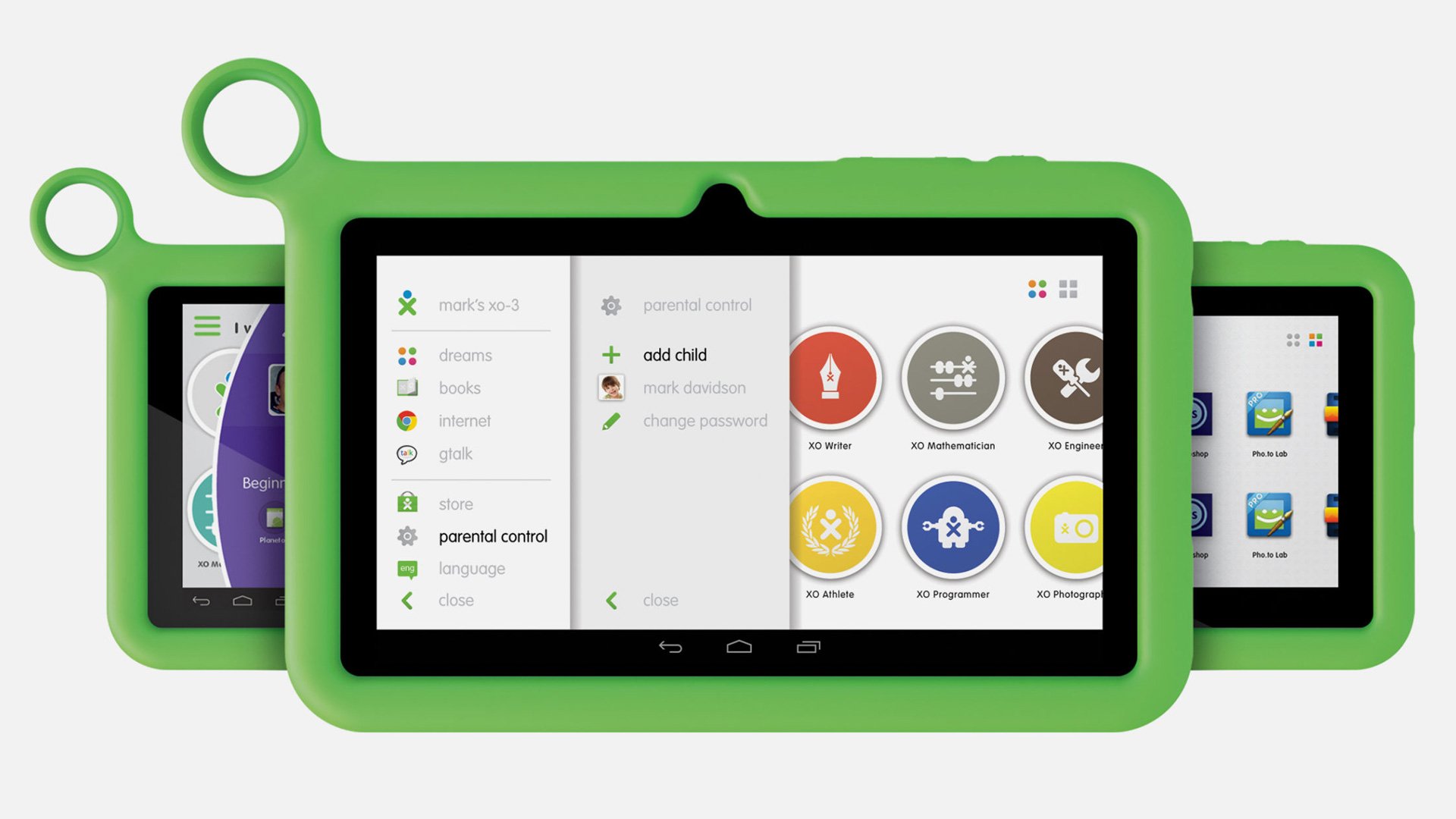 Three smartphones and two tablets with green cases on a white background