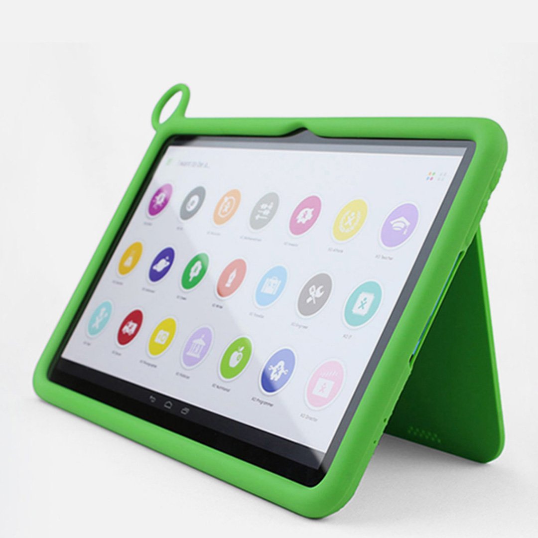 Green tablet with colorful interface on a white background