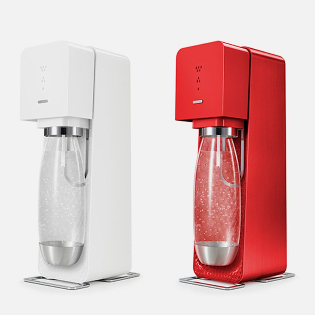White and red kitchen appliances with digital displays