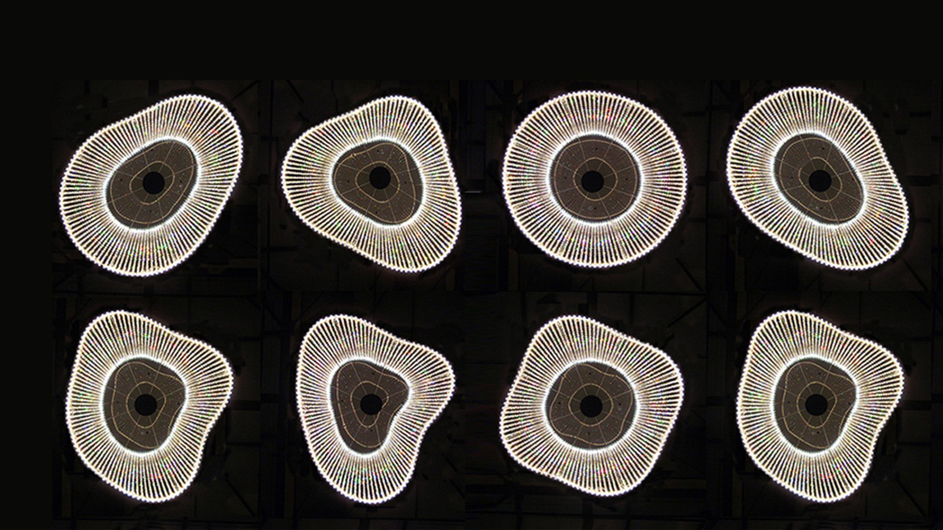 Grid of glowing circular objects with varied designs and colors