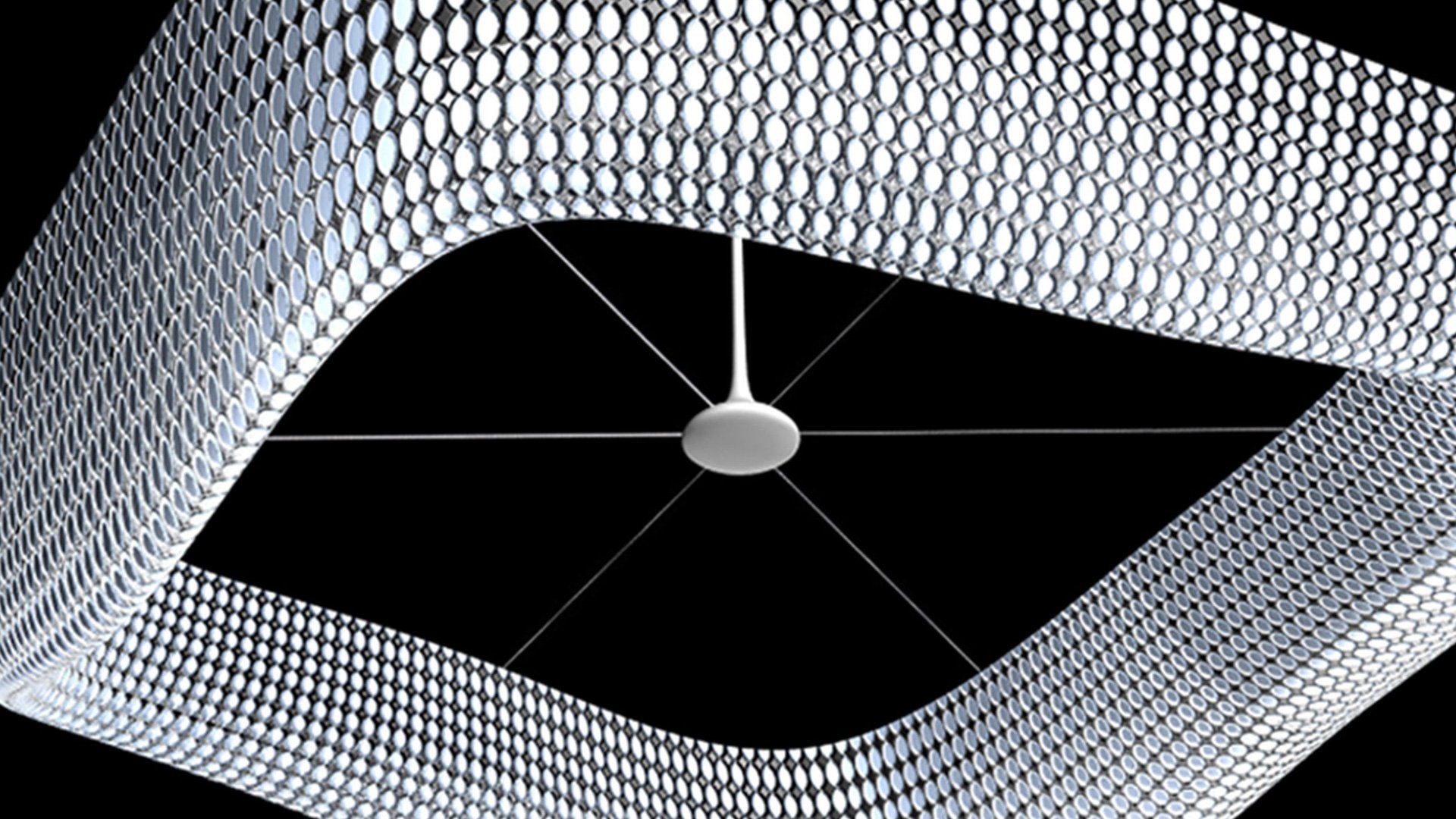 Black background with intricate honeycomb pattern and small round object