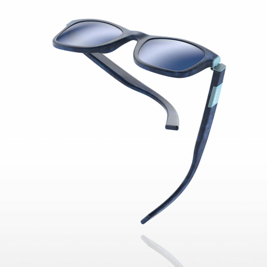 Blue sunglasses with black frame on a white background