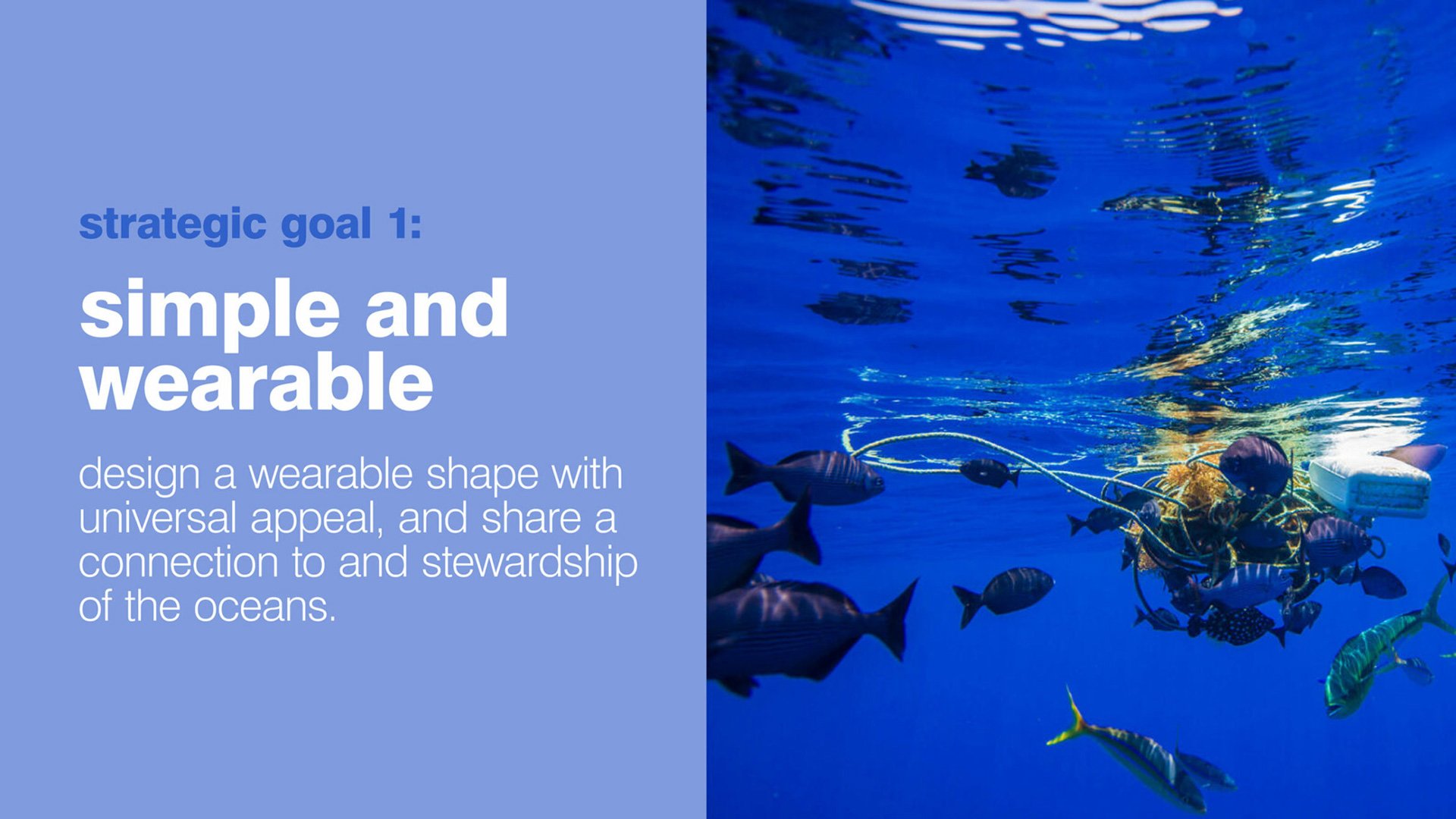 The Ocean Cleanup Sunglasses concept slide showing scuba diver among fish with simple and wearable text
