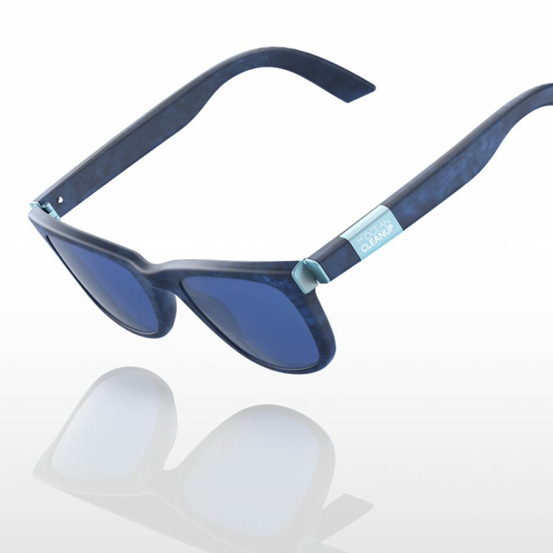 Blue-lensed sunglasses on a dark frame against a white background