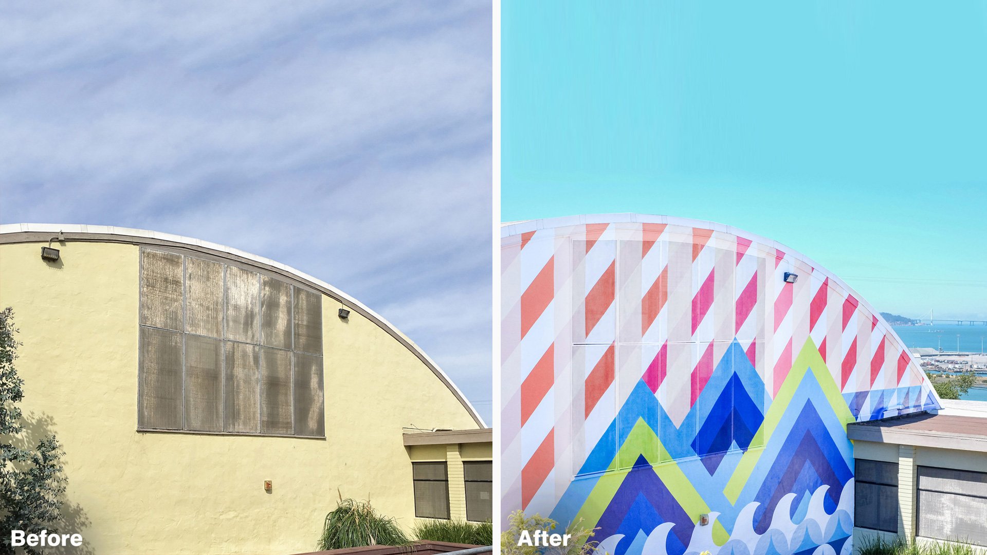 Before and after of Willie Mays Boys & Girls Club exterior: faded yellow arched building transformed by vibrant chevron and w
