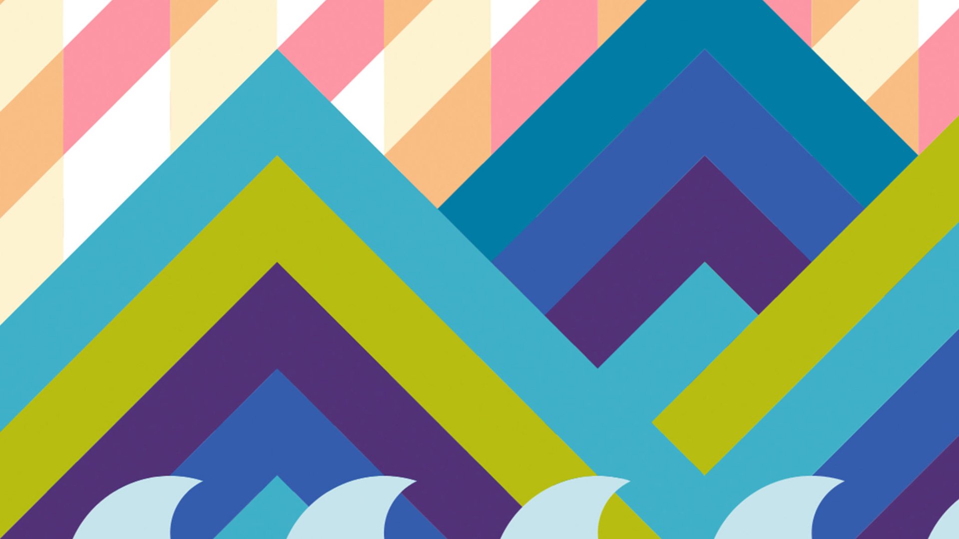 Willie Mays Boys & Girls Club mural pattern detail with bold purple, blue, teal and green nested chevrons over pink and peach