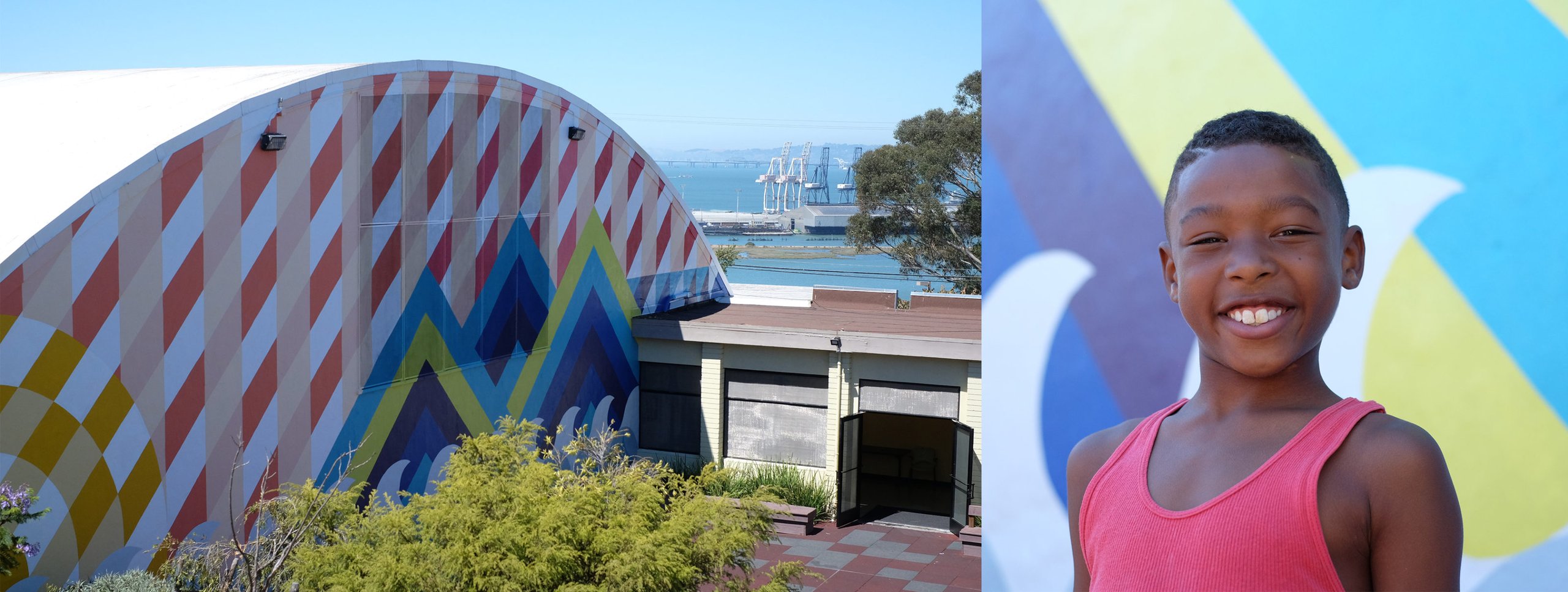 Composite Willie Mays Scholarship images: domed Oakland building with vibrant geometric mural beside a smiling young boy in p